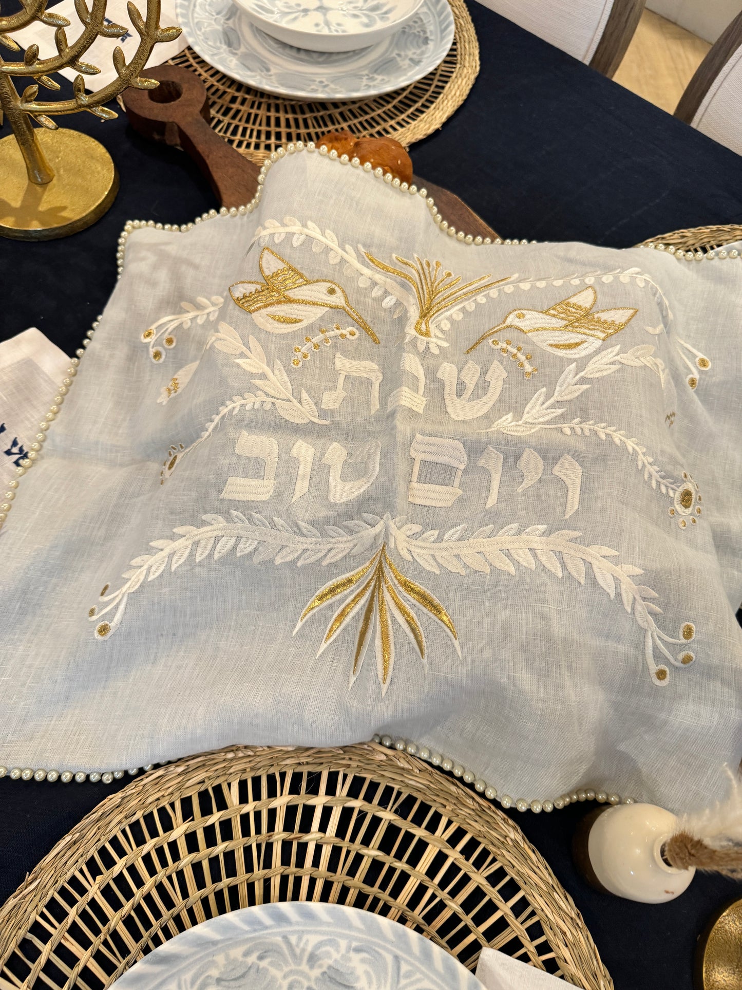 Pearl Embroidered Shabbat And Yom Tov Challah Cover Light Blue & White