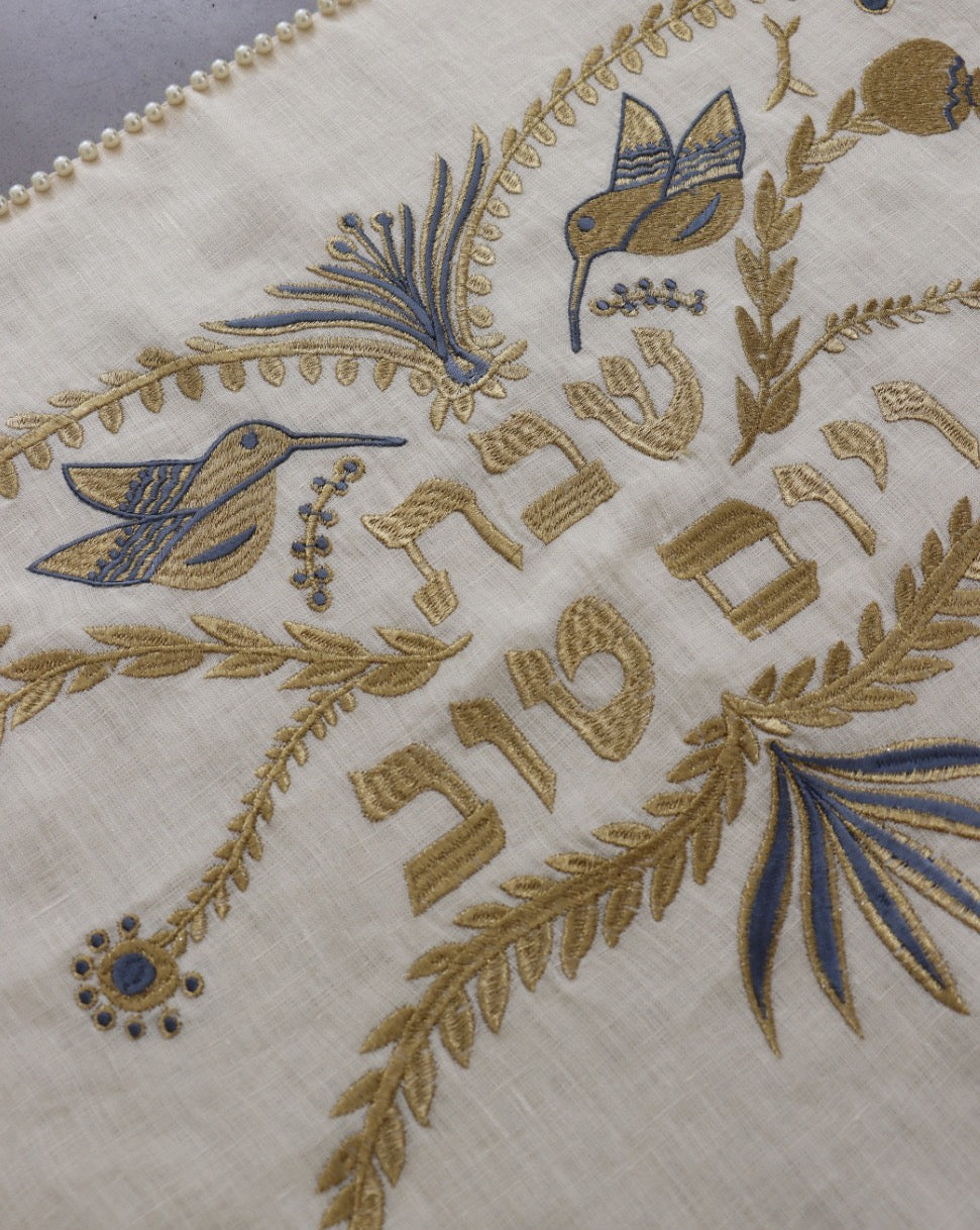 Pearl Embroidered Shabbat And Yom Tov Challah Cover Gold/ Blue