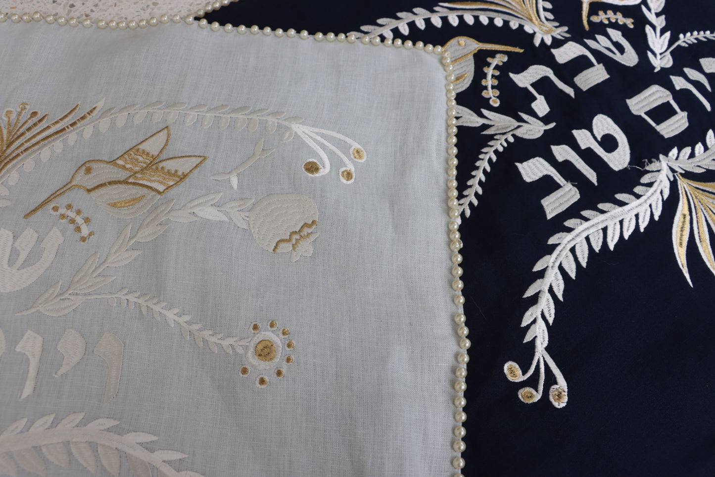 Pearl Embroidered Shabbat And Yom Tov Challah Cover Light Blue & White
