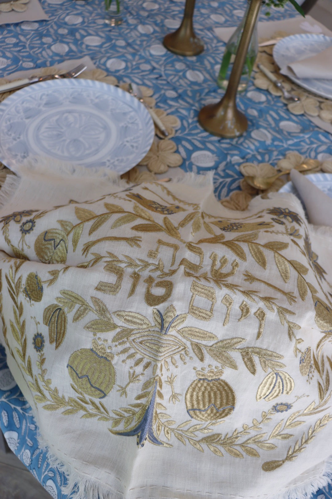 Yom Tov Gold Challah Cover Blue Details
