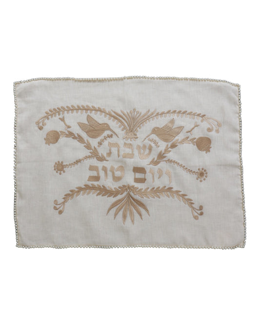 Challah cover gold bird design Shabbat yom tov linen pearl embroidery judaica gifts