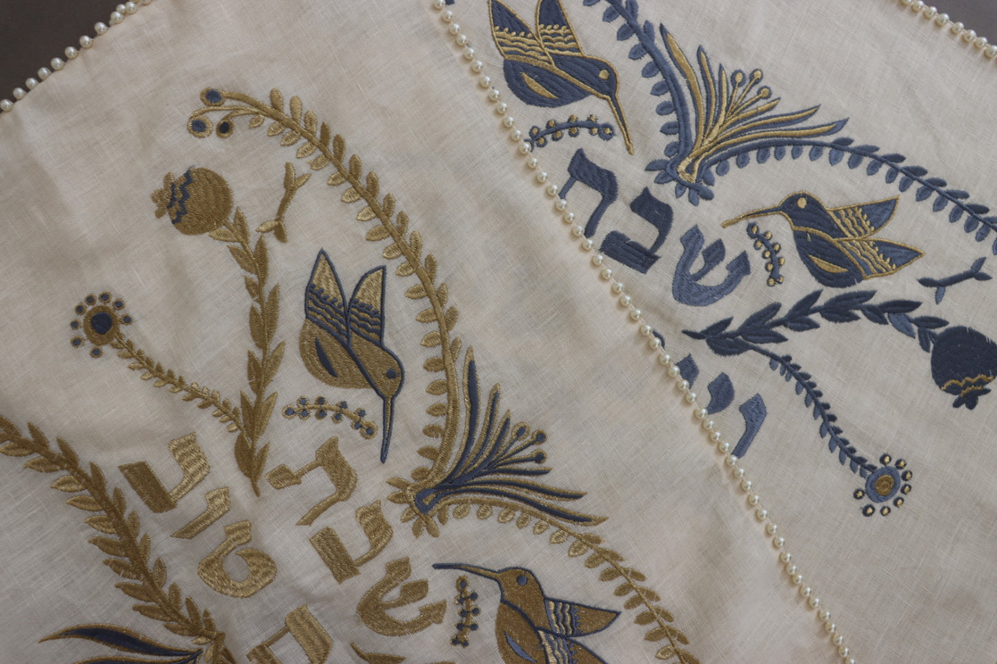 Pearl Embroidered Shabbat And Yom Tov Challah Cover Gold/ Blue